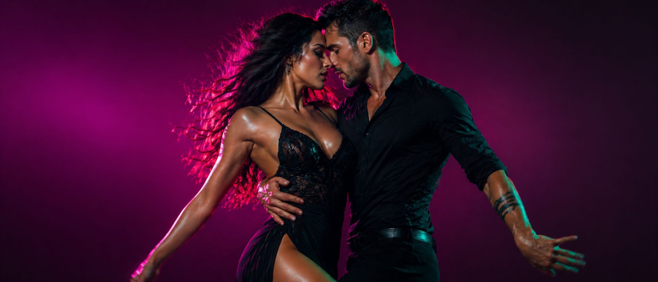 Couple dancing closely in a dark studio, pink-purple lighting highlighting their silhouettes.