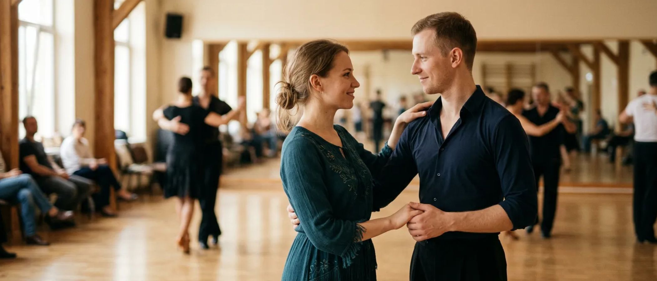 Couple dancing closely in a bright studio while others practice in the background.