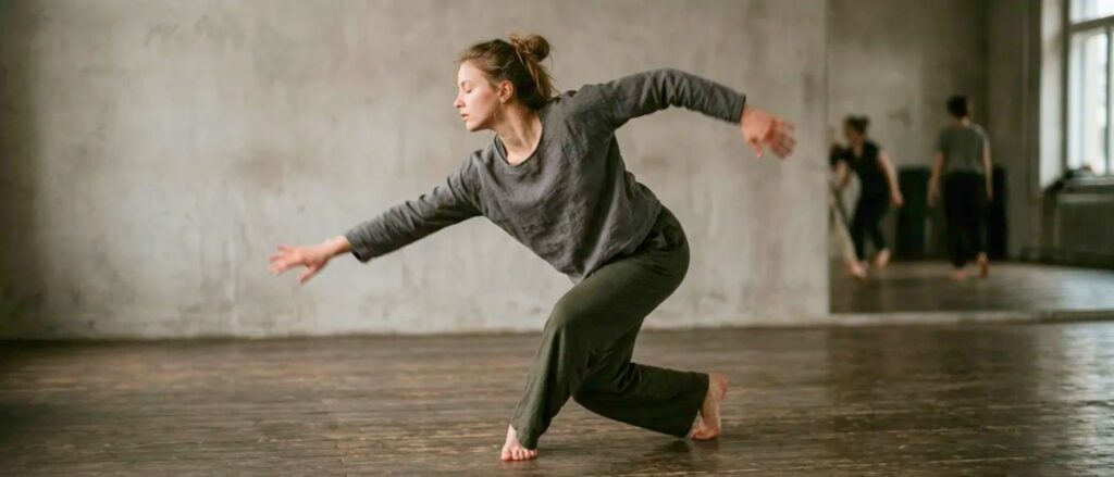 Barefoot female contemporary dancer in a gray top and dark pants leans forward with arms extended in a studio. 2) Dancer in a gray outfit mid‑movement across a wooden floor, with others in the background.