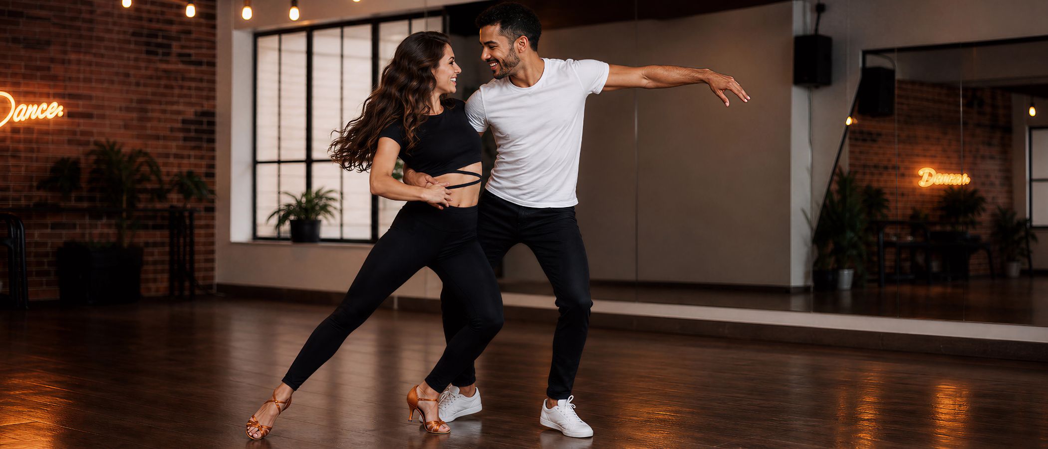 Couple dancing closely in a studio, smiling at each other as they hold a dance pose near a brick wall with a glowing 'Dance' sign in the background.