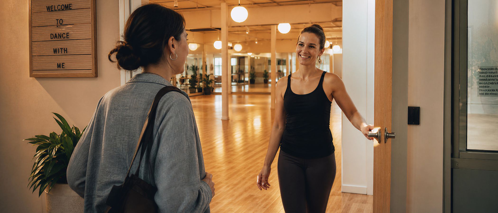 Dance studio entrance: smiling woman in a black tank top greets a guest at the door with warm lighting and wooden floors visible inside.