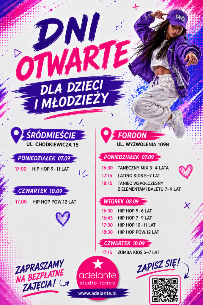 Vibrant dance studio poster advertising Dni Otwarte dla dzieci i młodzieży, with a dancer in a purple jacket and a two-location schedule, dates, times, logo and a QR code.