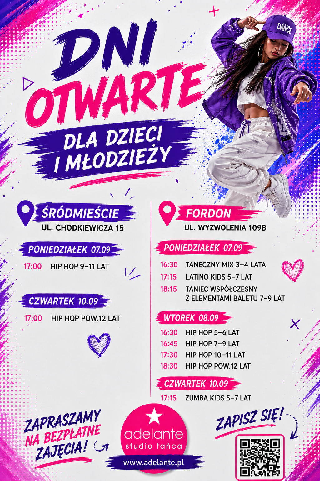 Vibrant dance studio poster advertising Dni Otwarte dla dzieci i młodzieży, with a dancer in a purple jacket and a two-location schedule, dates, times, logo and a QR code.