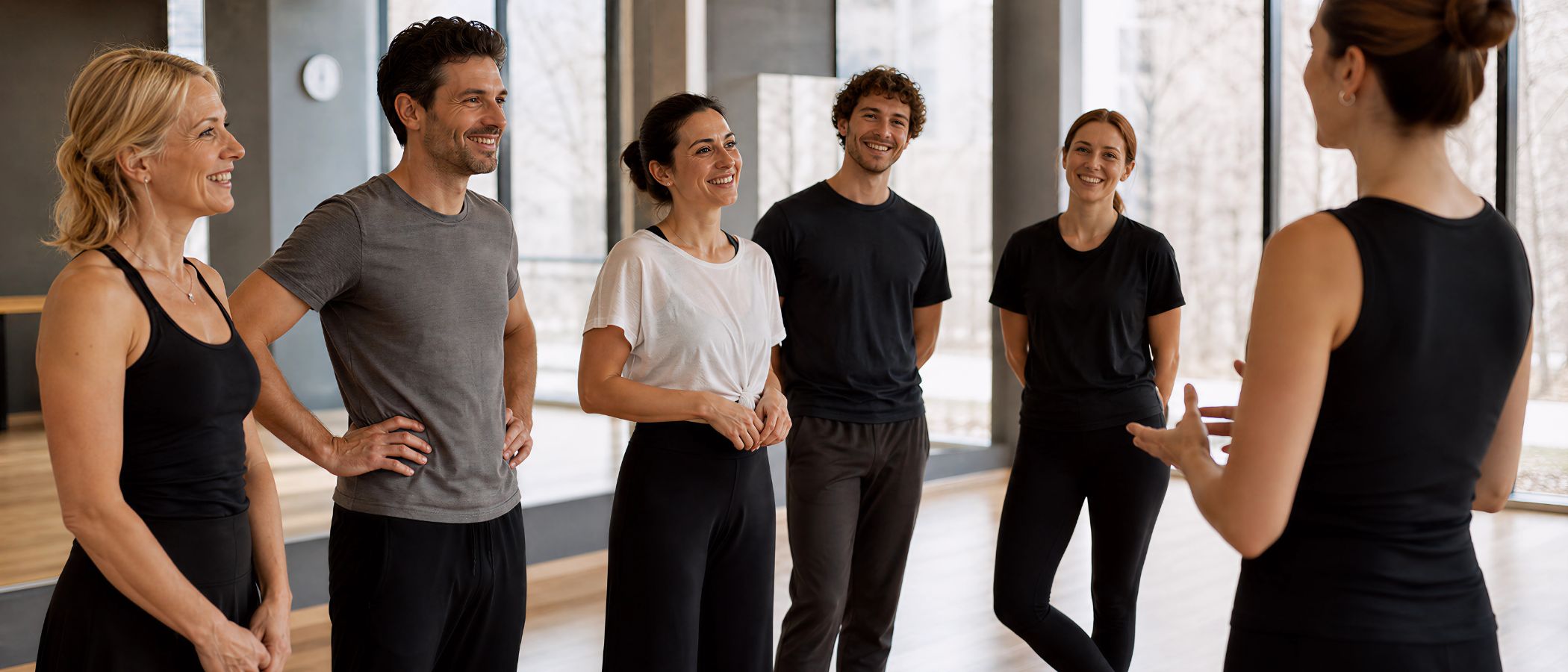 Six adults in athletic wear stand in a bright studio, listening to a trainer speak at the front.
