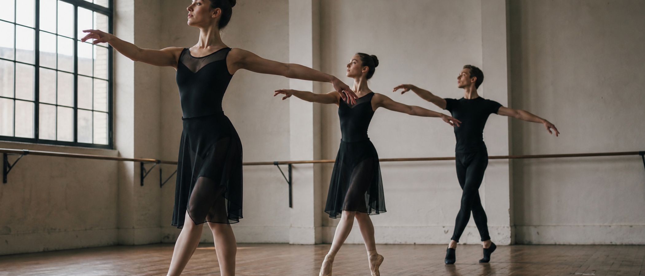 Three ballet dancers in black outfits practice at a barre in a sunlit studio.