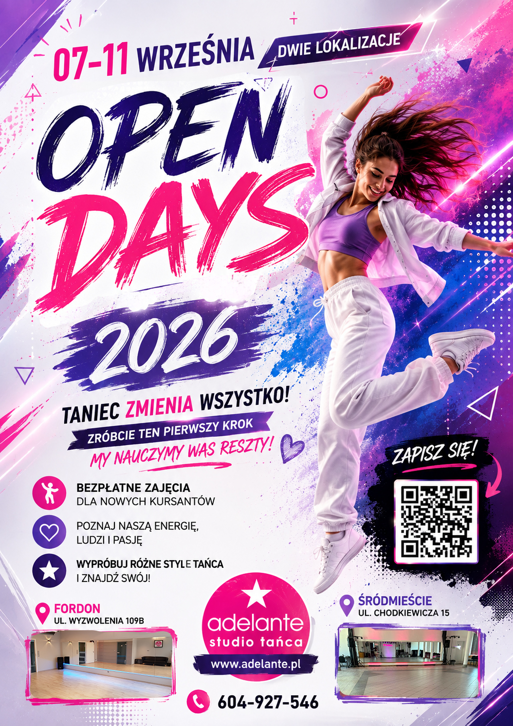 Bright, neon-dyed dance event poster featuring a woman jumping in purple attire with bold 'OPEN DAYS 2026' text and a QR code card on the right side.